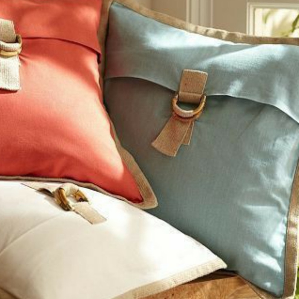 New Pottery Barn Cotton Linen Pillow Cover Aqua Bamboo Buckle Jute Trim.